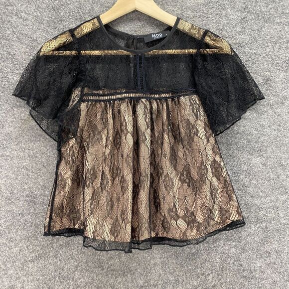 Mod Blouse Women S Small Black Lined Crochet Round Neck Short Sleeve Hook & Eye - Picture 4 of 9